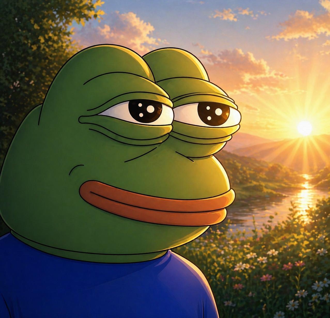 Peaceful frog in a golden meadow at sunrise